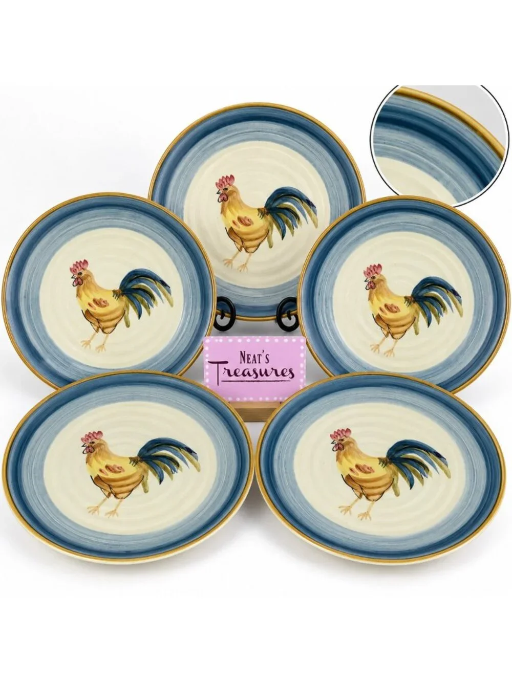 Gibson OCEAN DREAM ROOSTER French Country Cottagecore Ceramic Dinner Plate Set 5